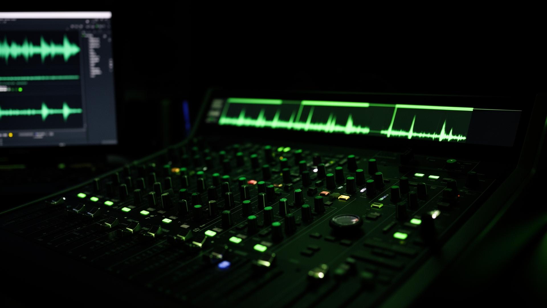 Estúdio de mixagem com mesa analógica e waveforms verdes